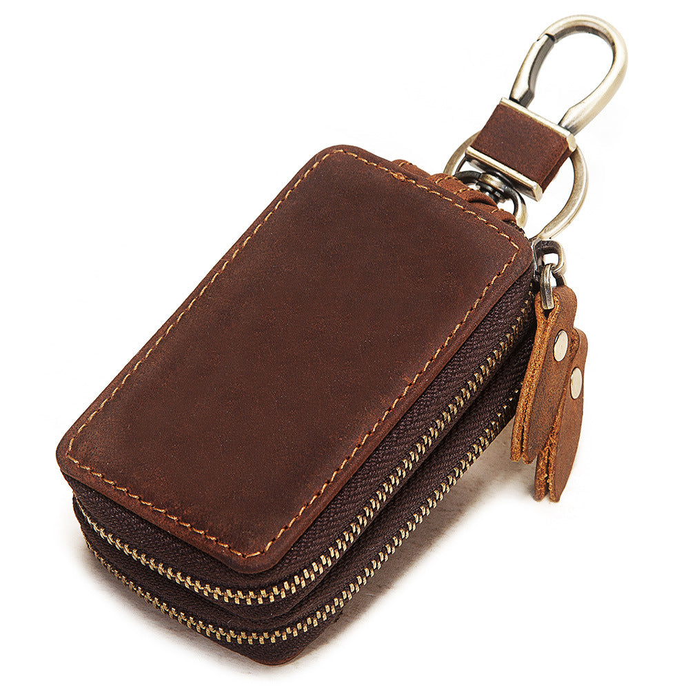 Car Key Bag Double Zipper Crazy Horse Leather Mercedes-Benz Volkswagen Audi Key Bag Men's Leather Bag Leather Key Bag