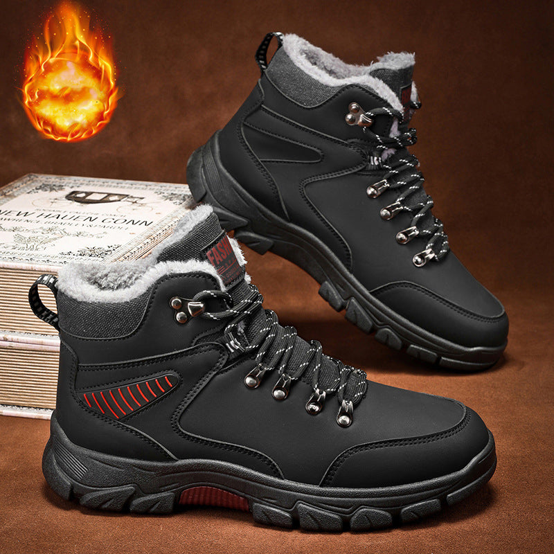 Winter new warm cotton shoes with added fleece outdoor hiking shoes thick soled snow boots high top men's shoes