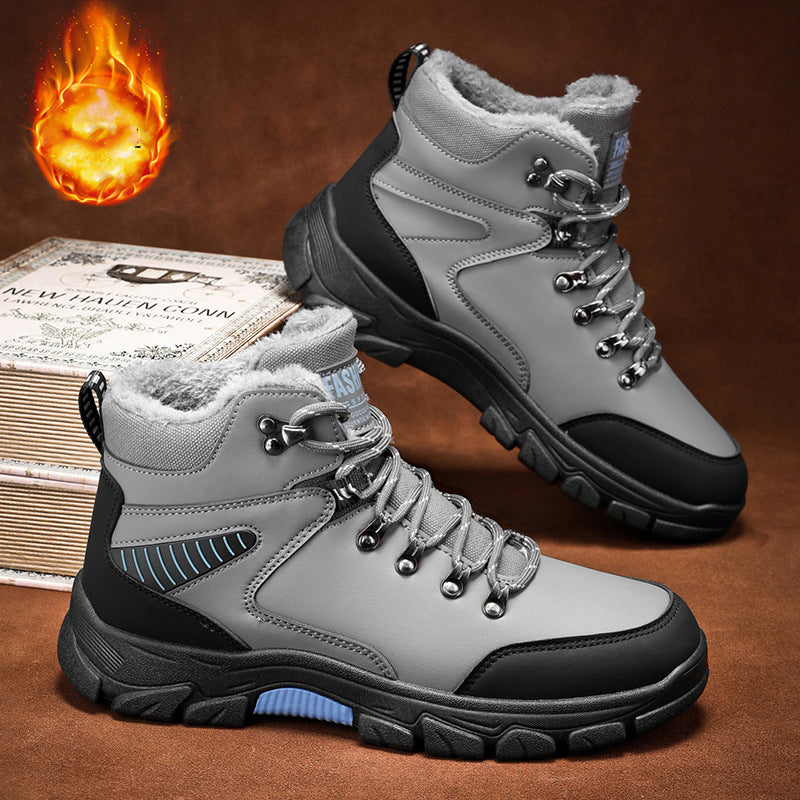 Winter new warm cotton shoes with added fleece outdoor hiking shoes thick soled snow boots high top men's shoes