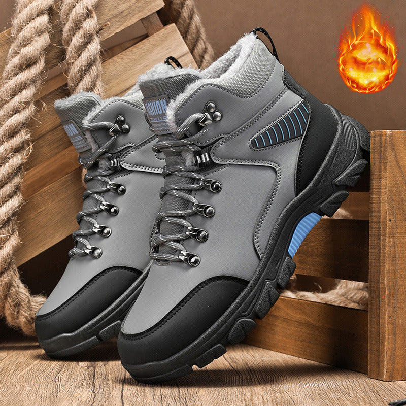 Winter new warm cotton shoes with added fleece outdoor hiking shoes thick soled snow boots high top men's shoes